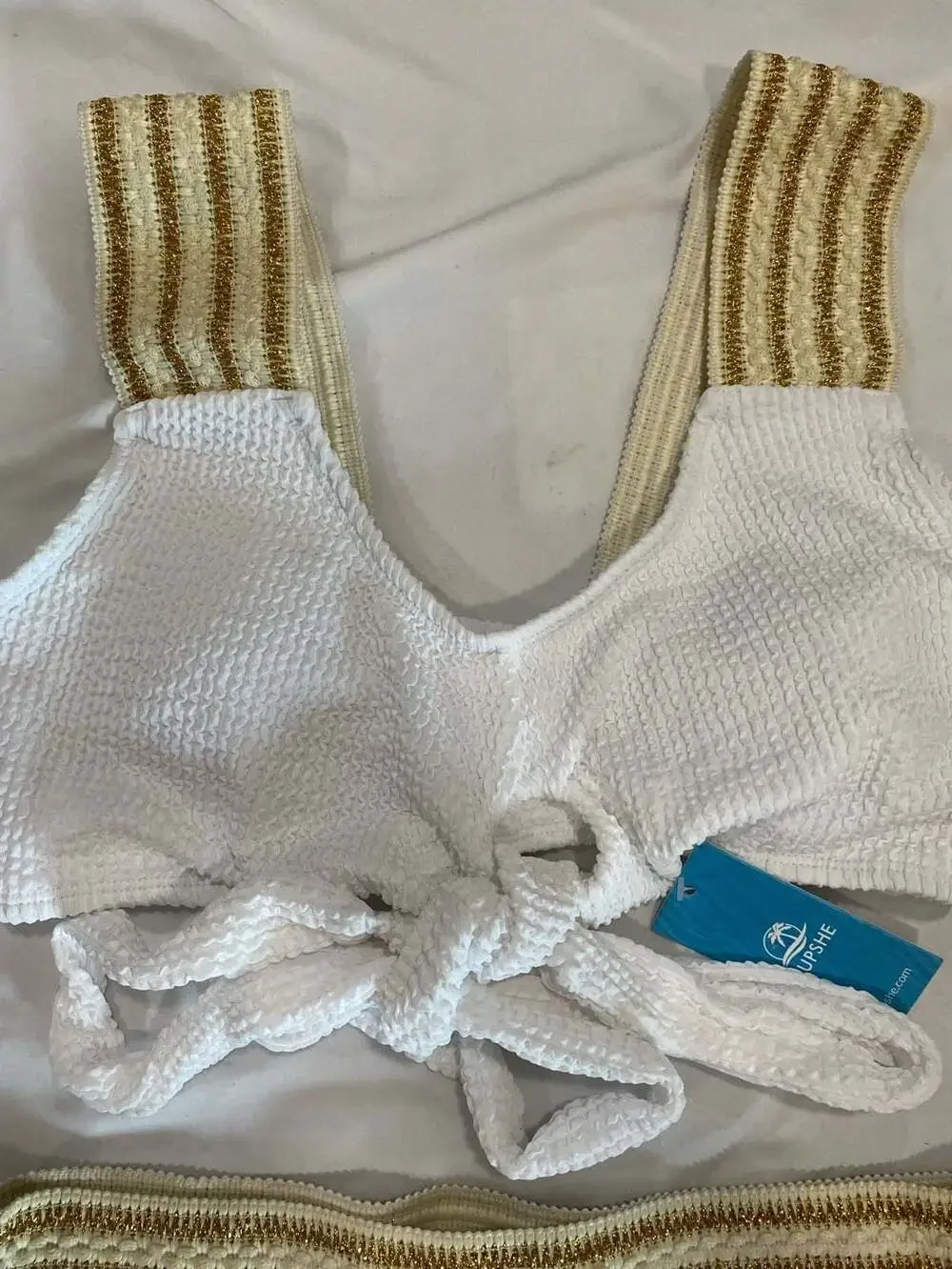 NEW Cupshe Metallic Striped Wrap Bralette and High Waist Bikini Set White and Go